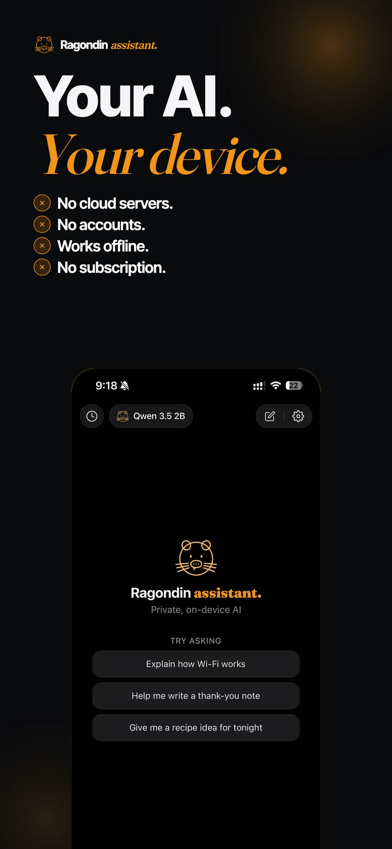Ragondin Assistant: private on-device AI chat. No cloud servers, no accounts, works offline.